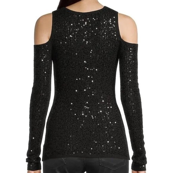 Donna Karan Sequin Knit Cold-Shoulder Sweater Black Size XS NWOT - Picture 2 of 10